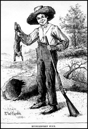 Huckleberry Finn frontispiece preserved by Project Gutenberg, illustration by E.W. Kemple 1884